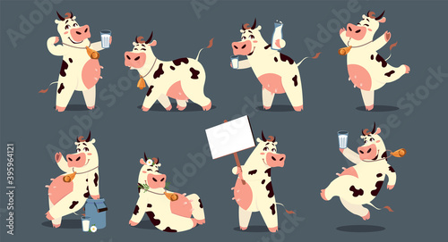Cartoon cow. Funny smiling domestic animal character. Cute friendly mascot with metal bell and glass of milk. Comic mammal holding blank billboard with copy space. Vector dairy products talismans set