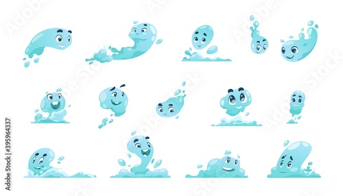 Water mascot. Cartoon liquid splash with anthropomorphic faces. Cute blue fluid drops and waves. Isolated funny talismans, seashore rest or aqua park advertising. Vector logo template for beverage