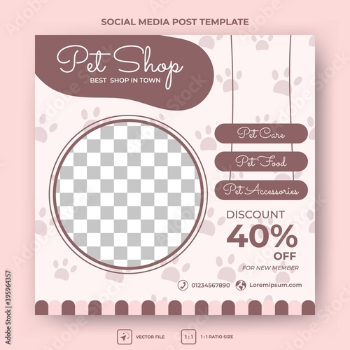 Editable square banner template. Pet shop social media post template design. Flat design vector with photo collage. Suitable for social media post, banner and web internet ads.