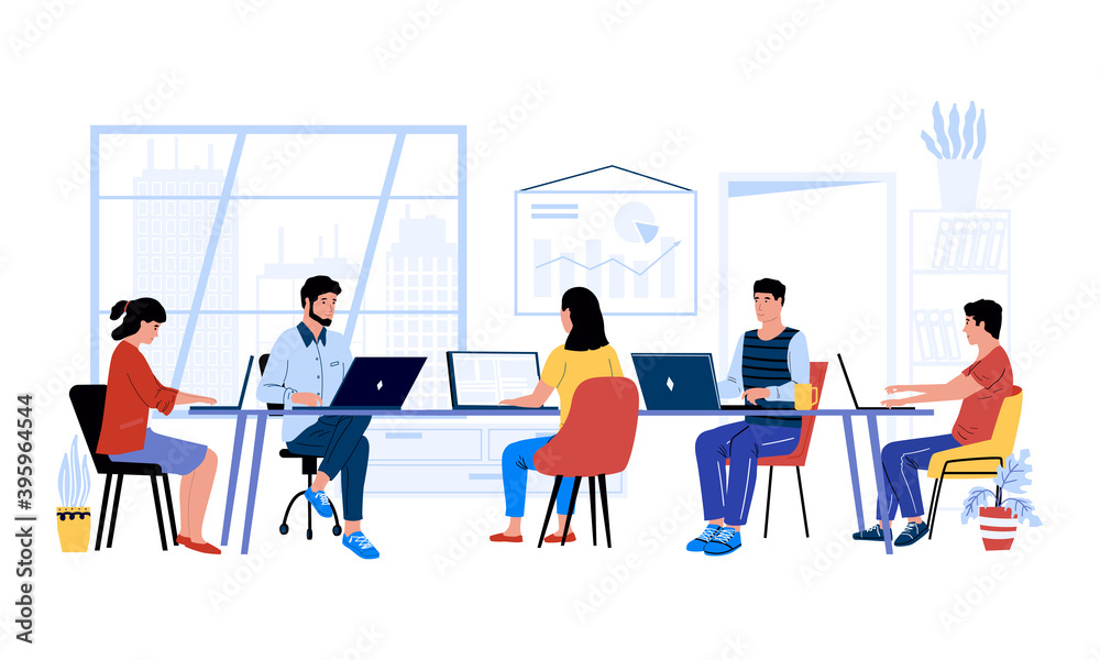 People at desk. Cartoon men and women working together at project. Office  colleagues and coworking mates. Isolated workspace interior. Communication  and business process. Vector workspace illustration Stock Vector | Adobe  Stock