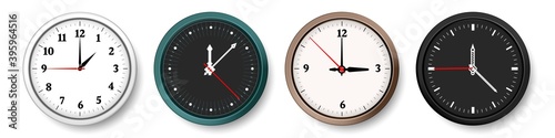 Clock. Realistic wall circle watches with hour, minute and second hands. Isolated black or white minimalist dial, simple signs, arrows and numbers. Timepiece design, vector modern chronometers set