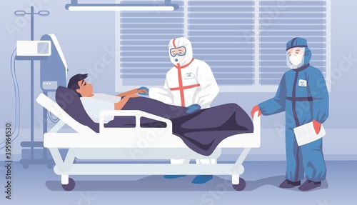 Doctors in hospital. Cartoon medical workers in personal protective suits. Patient lies on bed in hospital ward. Overalls, mask and goggles for clinic employees. Vector infectious and viral diseases