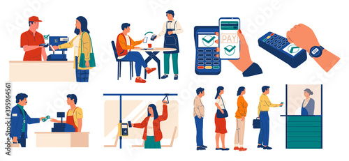 Payment methods. Cartoon people paying with cash, smartphones or smart watch in supermarket and cafe, bank and public city transport. Men and women give money for purchases and services, vector set © SpicyTruffel