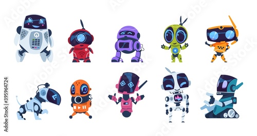 Modern robots. Cartoon friendly mascots. Colorful personal assistants. Collection of mechanical toys. Artificial intelligence or scientific innovation technologies. Vector isolated automation machines