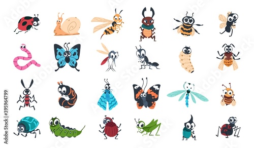 Cartoon funny insects. Colorful cute bugs characters set with smiling faces, snail, spider and caterpillar, little ant, butterfly and comic dragonfly, bumblebee and mosquito vector isolated collection © SpicyTruffel