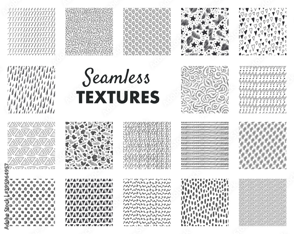Hand drawn pattern. Abstract seamless texture. Monochrome minimalist background. Collection of graphic ornaments and hatchings. Wallpaper template, decorative textile prints. Vector doodle sample set
