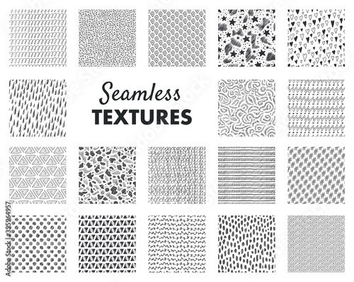 Hand drawn pattern. Abstract seamless texture. Monochrome minimalist background. Collection of graphic ornaments and hatchings. Wallpaper template, decorative textile prints. Vector doodle sample set