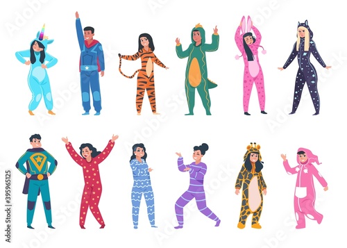 People in pajamas. Cartoon young men and women wear cozy clothes for sleeping. Isolated funny suits with animalistic prints, superheroes and fiction characters costumes. Colorful overalls, vector set