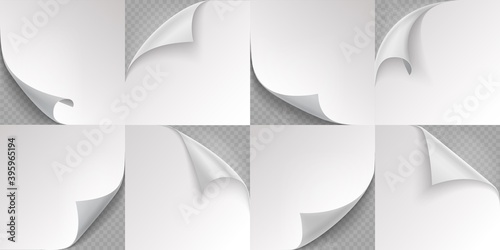 Curled page corner. Realistic note papers. 3D folded edge templates on transparent background. Square blank sheets with copy space. Isolated packaging empty stickers with place for text, vector set