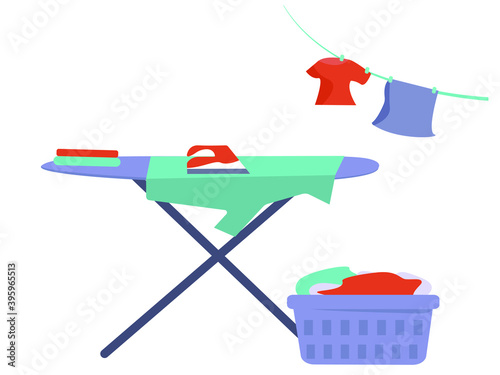 Ironing Clothes on Board. Washing Clothes in Machine and Iron on Board. Clothes Dry on a Clothesline. Flat Vector Illustration
