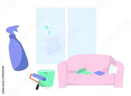 Washing The Window at Home.Washing Windows at Home With Bucket and Wet Rag.Housework,Household.Cleaning Service Worker.Domestic Work.Flat Vector Illustration