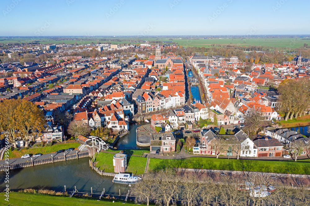 Aerial from the historical city Schoonhoven in the Netherlands