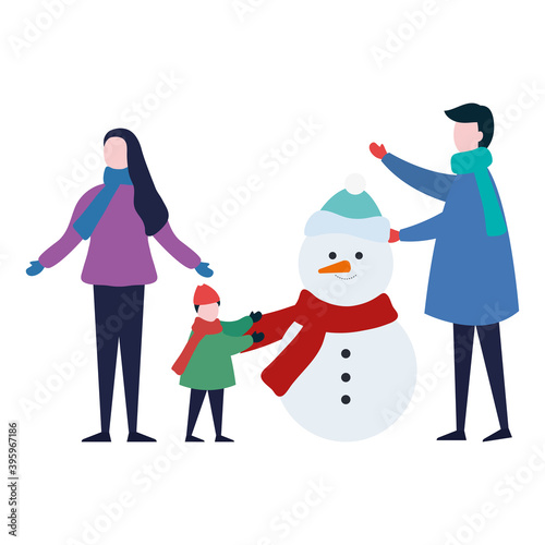 cute family wearing winter clothes with snowman vector illustration design