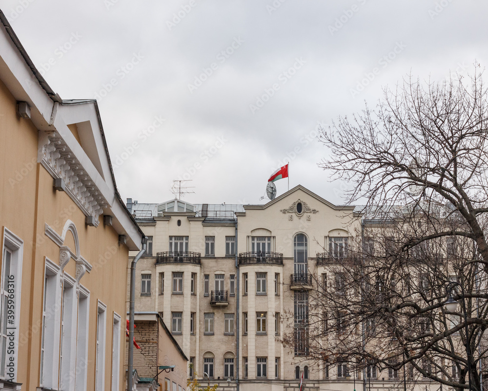 Moscow, Russia. Embassy of the Sultanate of Oman.  Oman flag fluttering in the wind