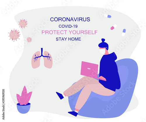 Girl Stay Home.Protect Yourself. Woman keeping Distance for Decrease Infection Risk For Prevent Virus Covid-19. Stay Home on Quarantine During the Coronavirus Epidemic. Vector Illustration. © Iryna Tymoshenko