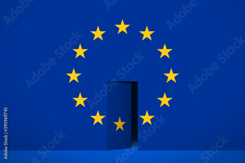 The European Union flag and the half-open door in the center