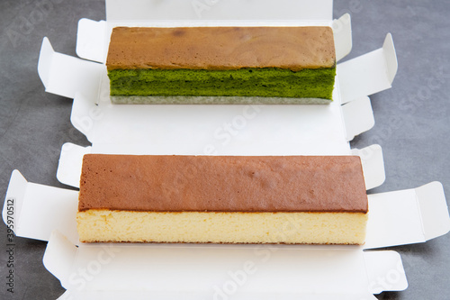 sponge cake with matcha and honey, japanese sweets, castella cake,  (Japanese sponge cake)
