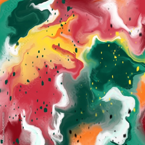 Abstract green red yellow paint background. Acrylic texture with marble pattern