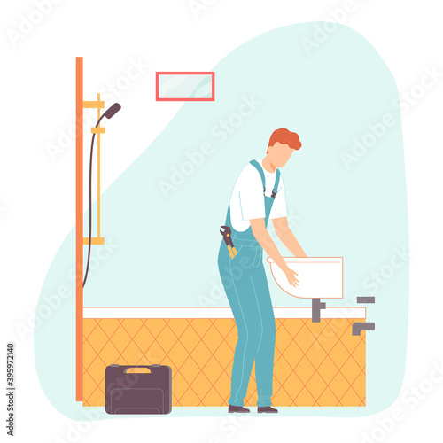 Worker in uniform installs the sink. Man making house or home apartment interior renovation. Cartoon flat man builder character. Vector illustration.