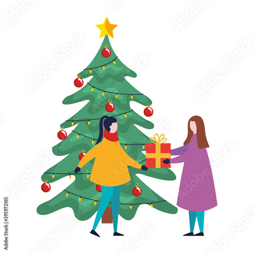 little girls wearing winter clothes decorating christmas tree vector illustration design