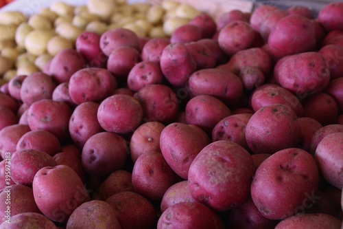 Up-close image of red potatoes at a Farmer's Market