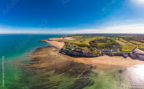 Drone aerial view of the beach and white cliffs, Margate, England, UK