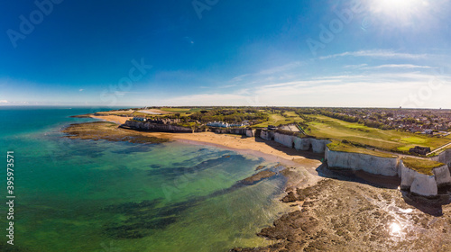 Drone aerial view of the beach and white cliffs, Margate, England, UK photo