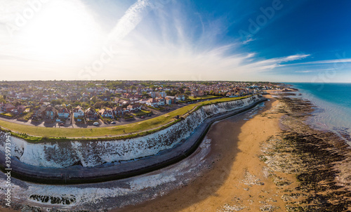 Drone aerial view of the beach and white cliffs, Margate, England, UK