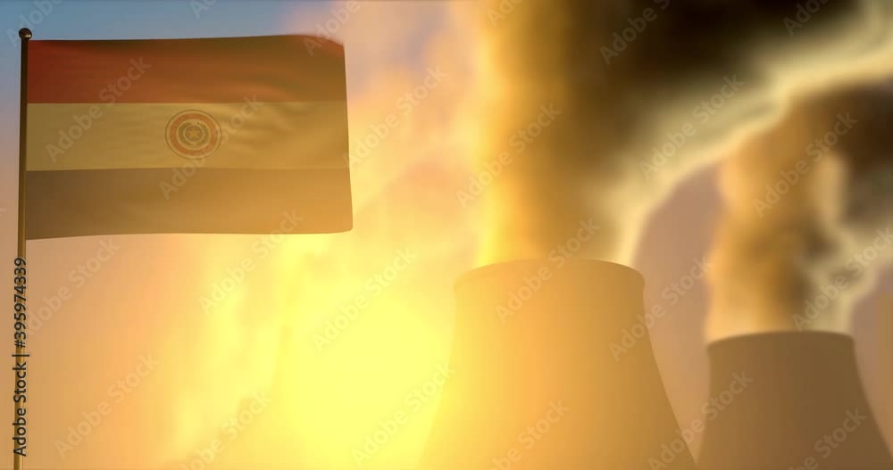 Paraguay flag wave on smoking factory pipes background on sunset - pollution, global warming concept, UHD 4k 3d animation