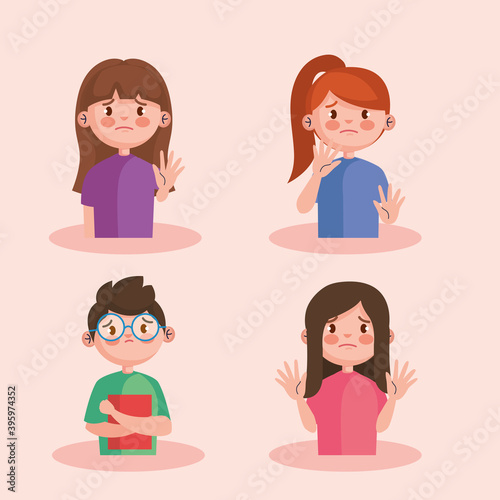 stop bullying and sad girls and boy kids design, violence victim bully and social theme Vector illustration