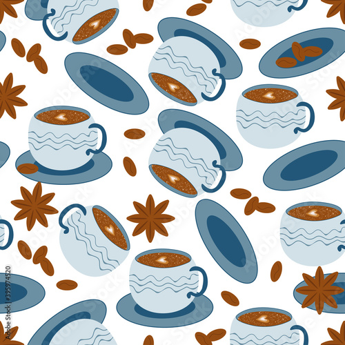 Coffee seamless pattern. A repeating texture with a cup of cappuccino, anise and coffee beans on a white background.Illustration for menus, adv. Designer wrapping paper, wallpaper, decorative prints
