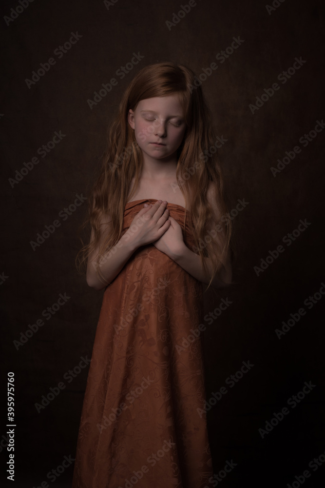 portrait of a young girl dreaming with eyes closed in dress in painterly rembrandt style portrait of a young girl dreaming with eyes closed in dress in painterly rembrandt style