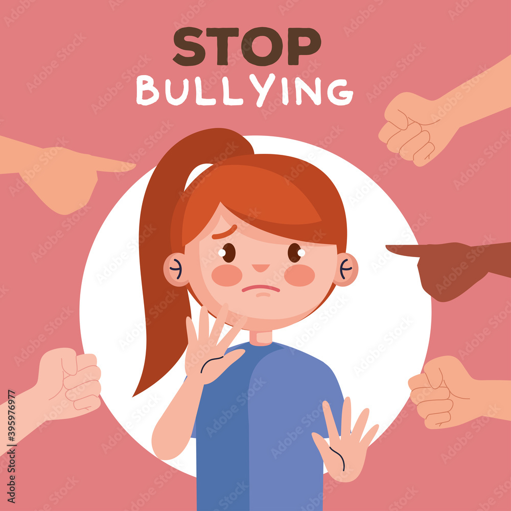 stop bullying and hands pointing at sad girl kid design, violence victim bully and social theme Vector illustration stop bullying and hands pointing at sad girl kid design, violence victim bully and social theme Vector illustration
