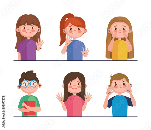 stop bullying and sad girls and boys kids design, violence victim bully and social theme Vector illustration