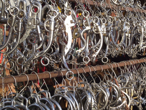 Metal horse spurs at an agricultural fair in Brazil
