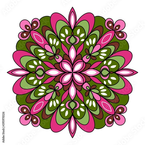 Scheme Of Anti-Stress Therapy. Mandalas. For Design Backgrounds. illustration. Can Be Used For Textiles, Greeting Cards, Coloring Books, Printing Phone Cases. Gradient green, pink color.