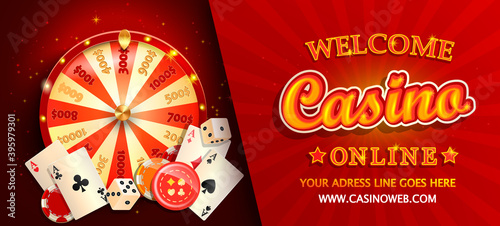 Welcome online casino gorizontal banner with poker cards, playing dice, chips, fortune wheel and other gambling design elements. Invitation poster template on shiny background.Vector illustration.