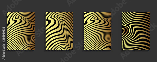 Set of layouts with wavy lines. Twisted duotone backgrounds. Abstract pattern from lines. Black and gold texture. Minimalistic design template for poster, banner, cover, postcard 