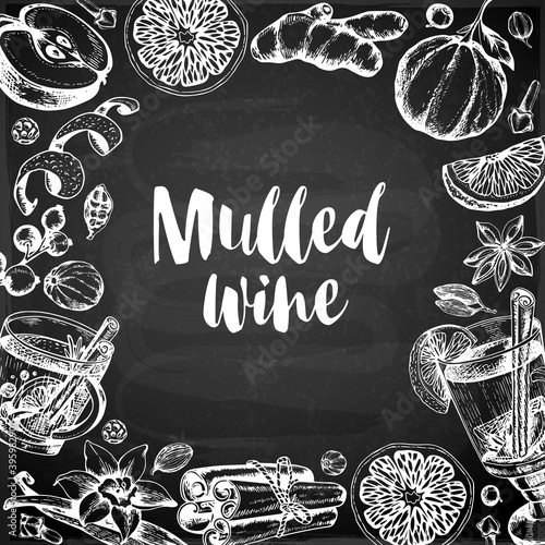 Chalk drawing background with mulled wine and spices.
