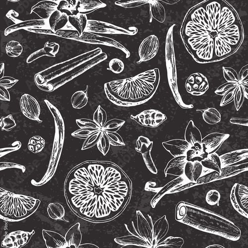 Pattern with ingredients ans spices for mulled wine.