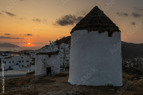 Traditional windmills in Chora, Ios Island, Greece.