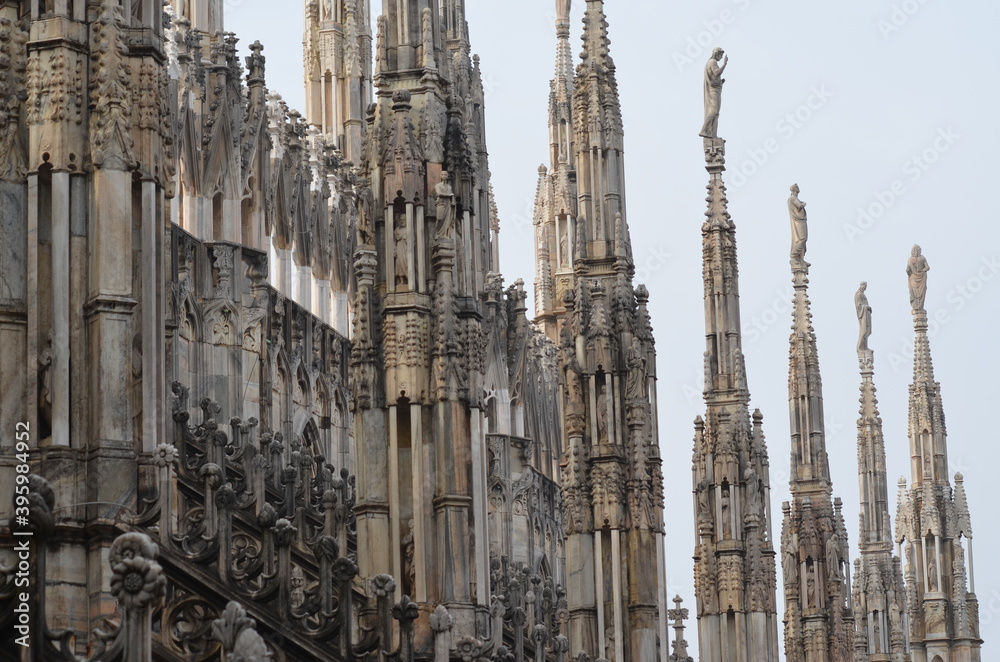 Spectacular pinnacles and Gothic sculptures from Milan Cathedral, Italy