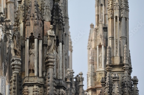 Spectacular pinnacles and Gothic sculptures from Milan Cathedral, Italy