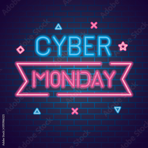 cyber monday neon design on bricks background, sale offer ecommerce shopping online theme Vector illustration