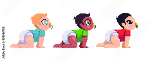 Set of sweet babies with different skin ton. Vector pixel art style illustration