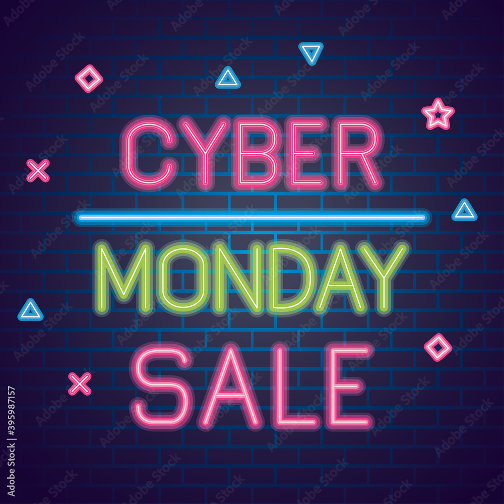 cyber monday neon design on bricks background, sale offer ecommerce shopping online theme Vector illustration