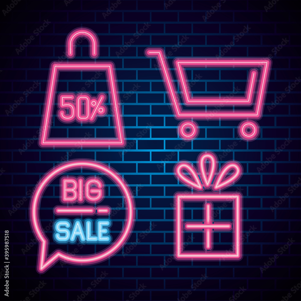 cyber monday neon icon set design on bricks background, sale offer ecommerce shopping online theme Vector illustration cyber monday neon icon set design on bricks background, sale offer ecommerce shopping online theme Vector illustration