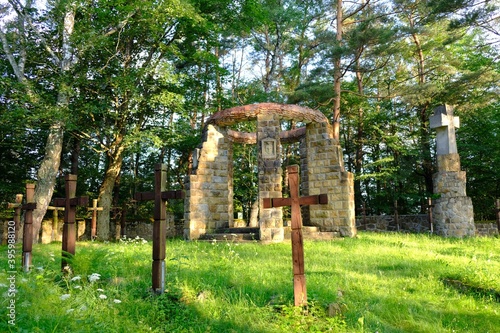 First World War cemetery in the village of Krempna in morning light. Low Beskids Mountains, Poland