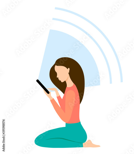 Girl using smartphone, sitting. Young woman running freelance job. Communicate through social networks. Online shopping. Watching movie or reading