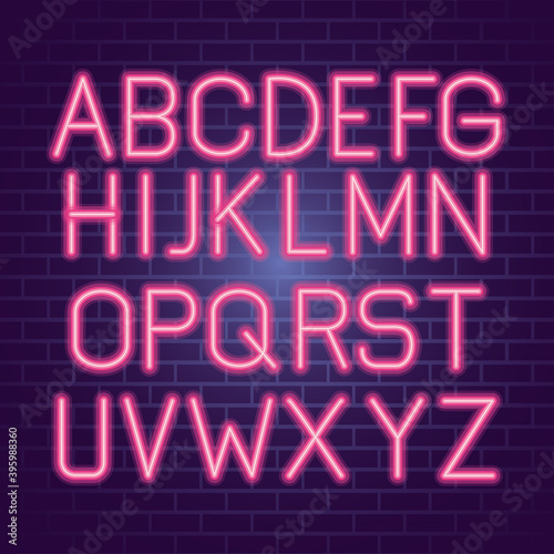 alphabet neon style set design, retro object decoration advertising entertainment art theme Vector illustration